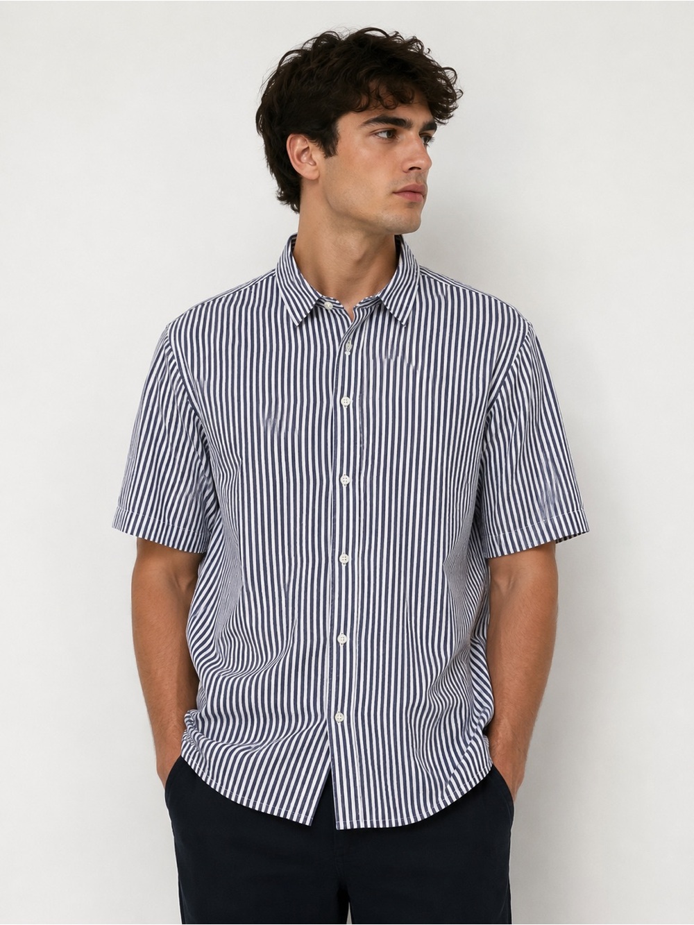 Banana Republic Men’s Navy and White Vertical Stripe Button-Down Shirt